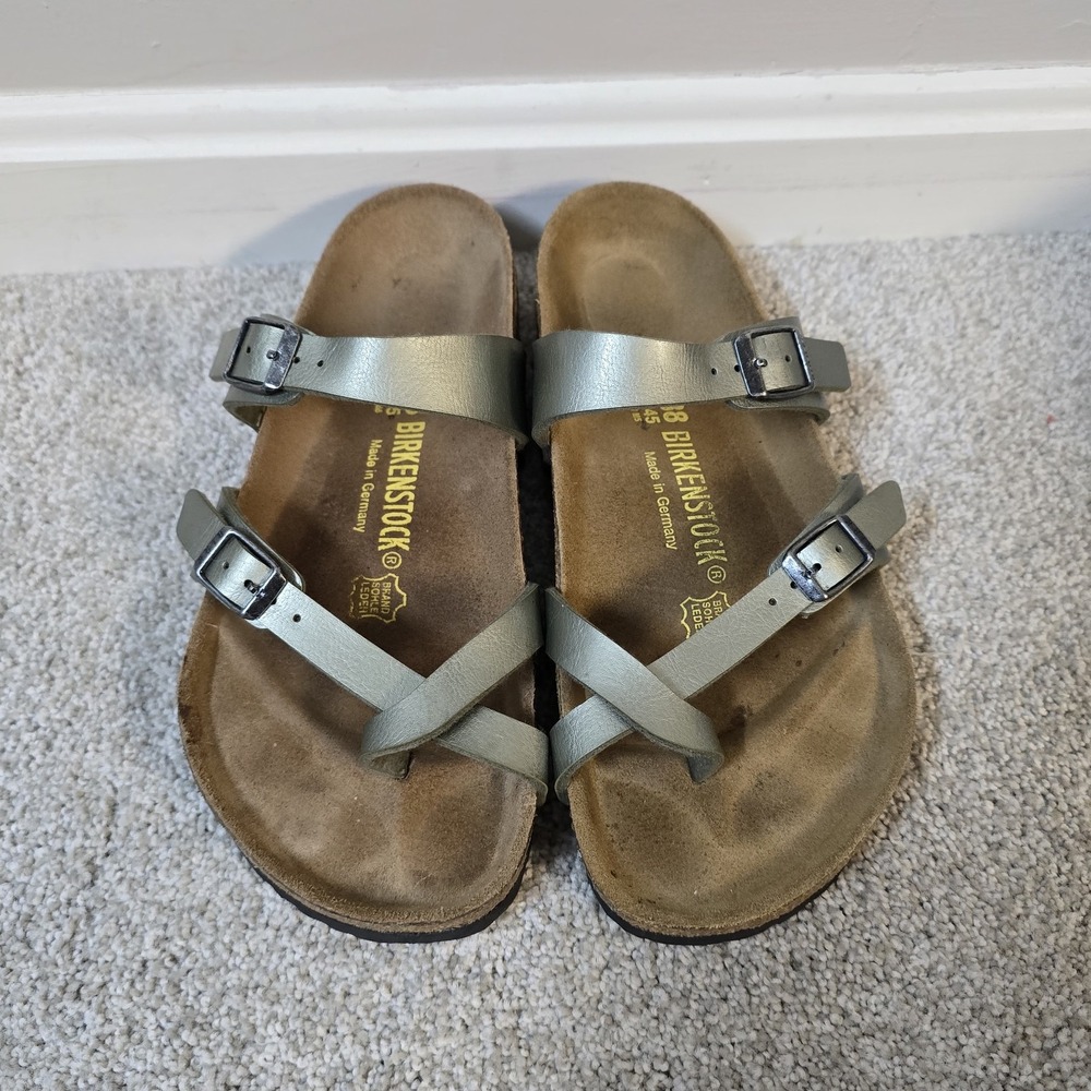 Women's Birkenstock Yara Sandal Metallic Green Strap Narrow Sz 38 L7M5 Vacation